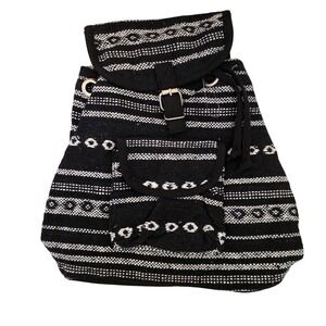 Woven Boho Backpack Black White Geometric Tribal Drawstring Buckle Bag Womens